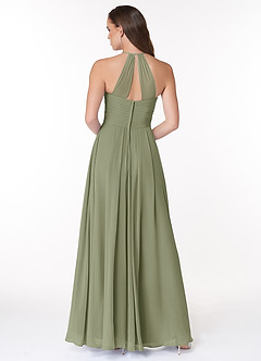 Azazie Ginger At-home Try On Dresses Dusty Sage A-Line Halter Pleated Chiffon Dress image2
