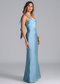 Azazie Driea Vestidos de damas de honor Vestido de Azul Acero de Satén Elástico de Corte Sirena con Hombro unilateral image4