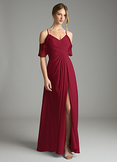 Azazie Dakota Vestidos de damas de honor Vestido de Borgoña de Gasa de Corte en A con Cuello en V plisado image3