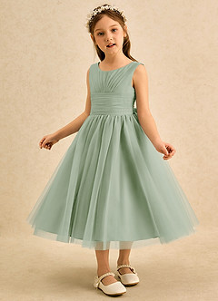 Azazie Macaron Jurken voor bloemenmeisjes A-Lijn Jurk van Tule Geplooid Stoffige Salie image4