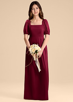 Azazie Briar Junior Burgundy A-Line Bow Stretch Satin Dress image1