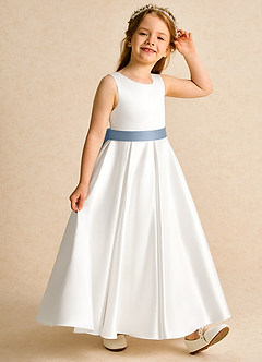 Azazie Cherry Flower Girl Dresses Ivory Dusty Blue Ball-Gown Pleated Matte Satin Dress image5