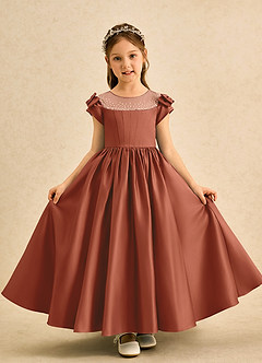 Azazie Toffee Blumenmädchenkleider Ballkleid Schleifen Matte Satin Kleid Rotbraun image2