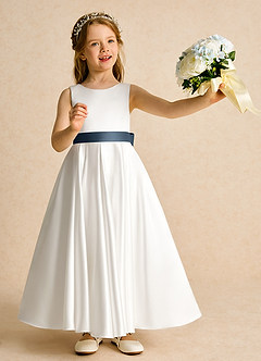 Azazie Cherry Flower Girl Dresses Ivory Neptune Ball-Gown Pleated Matte Satin Dress image2