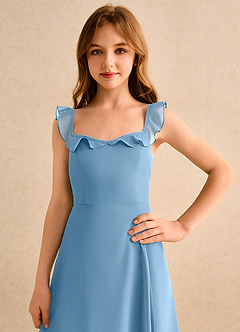 Azazie Chip Girls Formal Abiti da Ragazza di Fiori Abito A-Line in Chiffon Senza Maniche Blu Acciaio image6