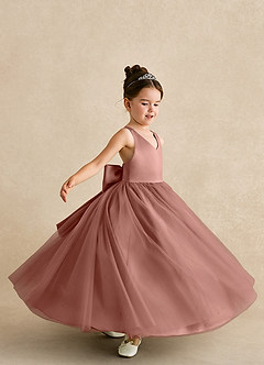 Azazie Peanut Robe Demoiselle D'honneur Fillette Robe Trapèze en Tulle Bretelle Rose De Cèdre image5