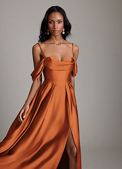 Azazie Loisa Bridesmaid Dresses Cinnamon A-Line Off the Shoulder Stretch Satin Dress image3