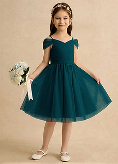 Azazie Lila Girls Formal Robe Demoiselle D'honneur Fillette Robe Trapèze en Tulle Épaule décolletée Vert Pin image4