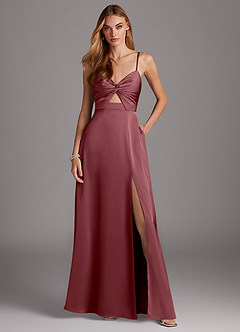 Azazie Jenna Vestidos de damas de honor Vestido de Rosa Del Desierto de Satén Elástico de Corte en A con Plisado image2