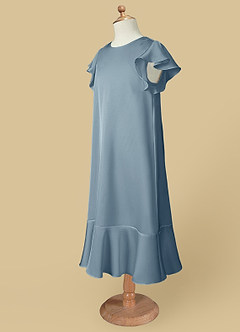 Azazie Sweet Pea Flower Girl Dresses Dusty Blue A-Line Ruched Stretch Satin Dress image7