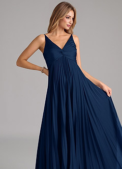 Azazie Raychelle Vestidos de damas de honor Vestido de Azul Marino Oscuro de Satén Elástico de Corte en A con Plisado image7