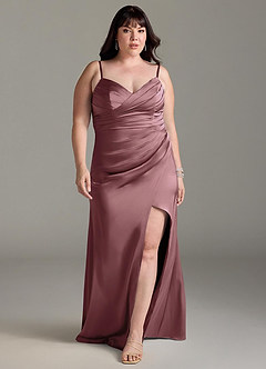 Azazie Yola Bridesmaid Dresses Vintage Mauve Sheath V-Neck Pleated Stretch Satin Convertible Dress image9