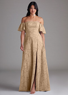 Azazie Sue Robes de demoiselle d'honneur Robe Trapèze Convertible en Blumen-Burnout Épaule décolletée Champagne image1