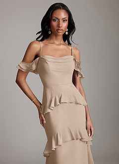 Azazie Chayla Vestidos de damas de honor Vestido de Gris Pardo de Gasa de Corte Recto con Vestidos sin tirantes image3