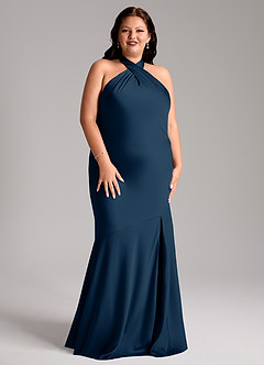 Azazie Lorena Bridesmaid Dresses Dark Navy Mermaid Pleated Stretch Satin Dress image9