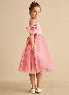 Azazie Amie Flower Girl Dresses Coral A-Line Off the Shoulder Matte Satin Dress image6
