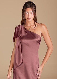 Azazie Capri Bridesmaid Dresses Vintage Mauve Sheath One Shoulder Metallic Satin Dress image5