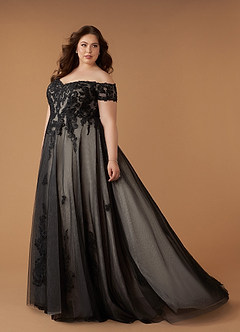 Azazie Rowe Wedding Dresses Black Champagne Ball-Gown Off the Shoulder Tulle Dress image2