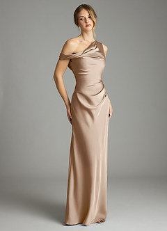 Azazie Emerson Bridesmaid Dresses Taupe Mermaid Off the Shoulder Stretch Satin Dress image5