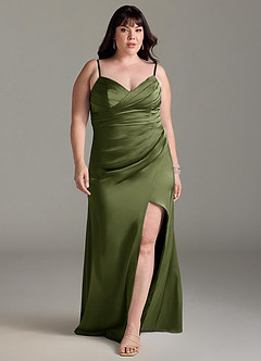 Azazie Yola Bridesmaid Dresses Olive Sheath V-Neck Pleated Stretch Satin Convertible Dress image9