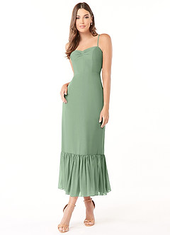 Azazie Justina Vestidos de damas de honor Vestido de Matcha de Gasa de Corte en A con Escote de Corazón image1