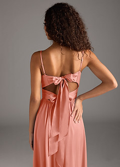 Azazie Zeya Bridesmaid Dresses Coral A-Line Pleated Stretch Satin Dress image4