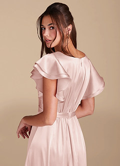 Azazie Daphne Modest Bridesmaid Dresses A-Line Ruched Metallic Satin Floor-Length Dress image6