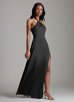 Azazie Tracie Bridesmaid Dresses Black A-Line Side Slit Stretch Satin Dress image3