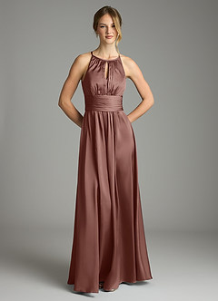Azazie Bonnie Bridesmaid Dresses Espresso A-Line Pleated Stretch Satin Dress image3