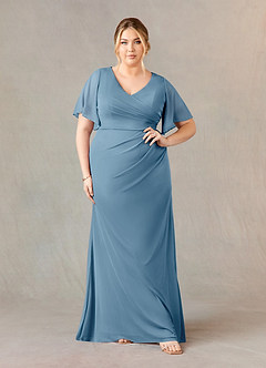 Azazie Selah Mother of the Bride Dresses Steel Blue A-Line V-Neck ruched Mesh Dress image6