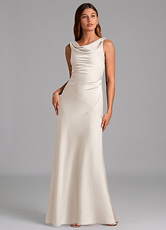 Azazie Nerine Bridesmaid Dresses White Alabaster A-Line Pleated Stretch Satin Dress image3