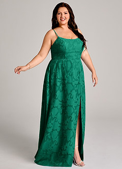Azazie Moira Bridesmaid Dresses Emerald A-Line Side Slit Floral Burnout Dress image9