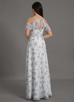 Azazie Dakota Vestidos de damas de honor Vestido de Casa Floral Azul de Gasa de Corte en A con Cuello en V plisado image5