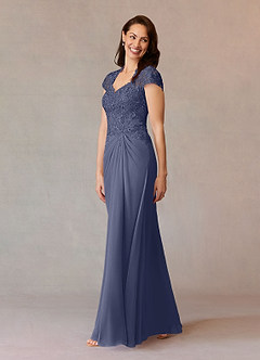 Azazie Junie Mère de la mariée Robes Robe Trapèze en Mousseline de soie Dentelle Bleu Orageux image3