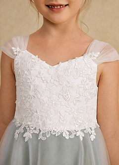 Azazie Momo Flower Girl Dresses Ivory Pistachio A-Line Lace Dress image6