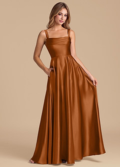 Azazie Shaude Brudtärnklänningar Klä av A-Linje i Metallisk satin Plisserad Koppar image3