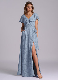 Azazie Lainey 신부 들러리 드레스 A라인 포켓이 있는 플로럴 번아웃 바닥 길이 드레스 image3