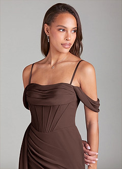 Azazie Amyra Bridesmaid Dresses Ganache Sheath Off the Shoulder Chiffon Convertible Dress image6