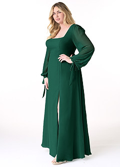 Azazie Leonia Bridesmaid Dresses Emerald A-Line Long Sleeve Chiffon Dress image3