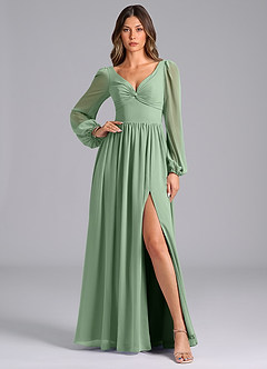 Azazie Zeya Bridesmaid Dresses Matcha A-Line Long Sleeve Chiffon Dress image1
