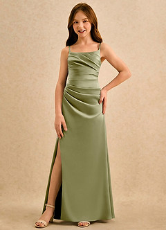 Azazie Cannoli Girls Formal Robe Demoiselle D'honneur Fillette Robe Trapèze en Mat Satiné Plissée Vert Mousse image3