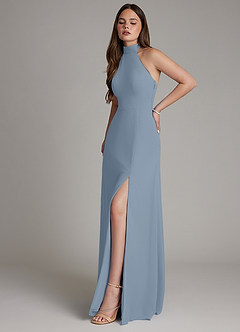 Azazie Myra Vestidos de damas de honor Vestido de Azul Polvoriento de Gasa de Corte en A con Cuello Alto image6