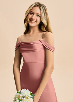 Azazie Lettie Junior A-linja Olkapään ulkopuolella Joustava satiini Lattian pituus Nuorempi morsiusneito Pukeutua image5