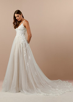 Azazie Arabelle Wedding Dresses Diamond White Nude A-Line V-Neck Lace Tulle Dress image3