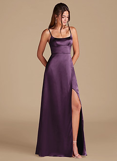 Azazie Halsey Bridesmaid Dresses Plum A-Line Side Slit Metallic Satin Dress image1