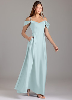 Azazie Marley 신부 들러리 드레스 A라인 오프 더 숄더 스트레치 새틴 바닥 길이 드레스 image4