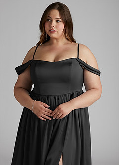 Azazie Morana Vestidos de damas de honor Vestido de Negro de Satén Elástico de Corte en A Convertible con Vestidos sin tirantes image15