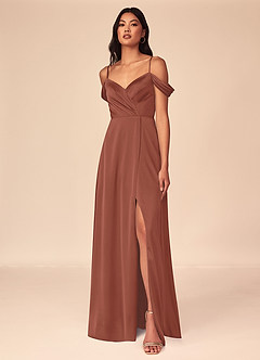 Azazie Ocean Robes de demoiselle d'honneur Robe Trapèze en Satin extensible Col V plissé Auburn image1