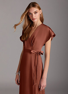 Azazie Nico Brautjungfernkleider A-Linie V-Hals Stretch-Satin Kleid Lehm image6
