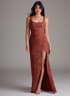 Azazie Mero Bridesmaid Dresses Terracotta Sheath Pleated Floral Burnout Dress image4